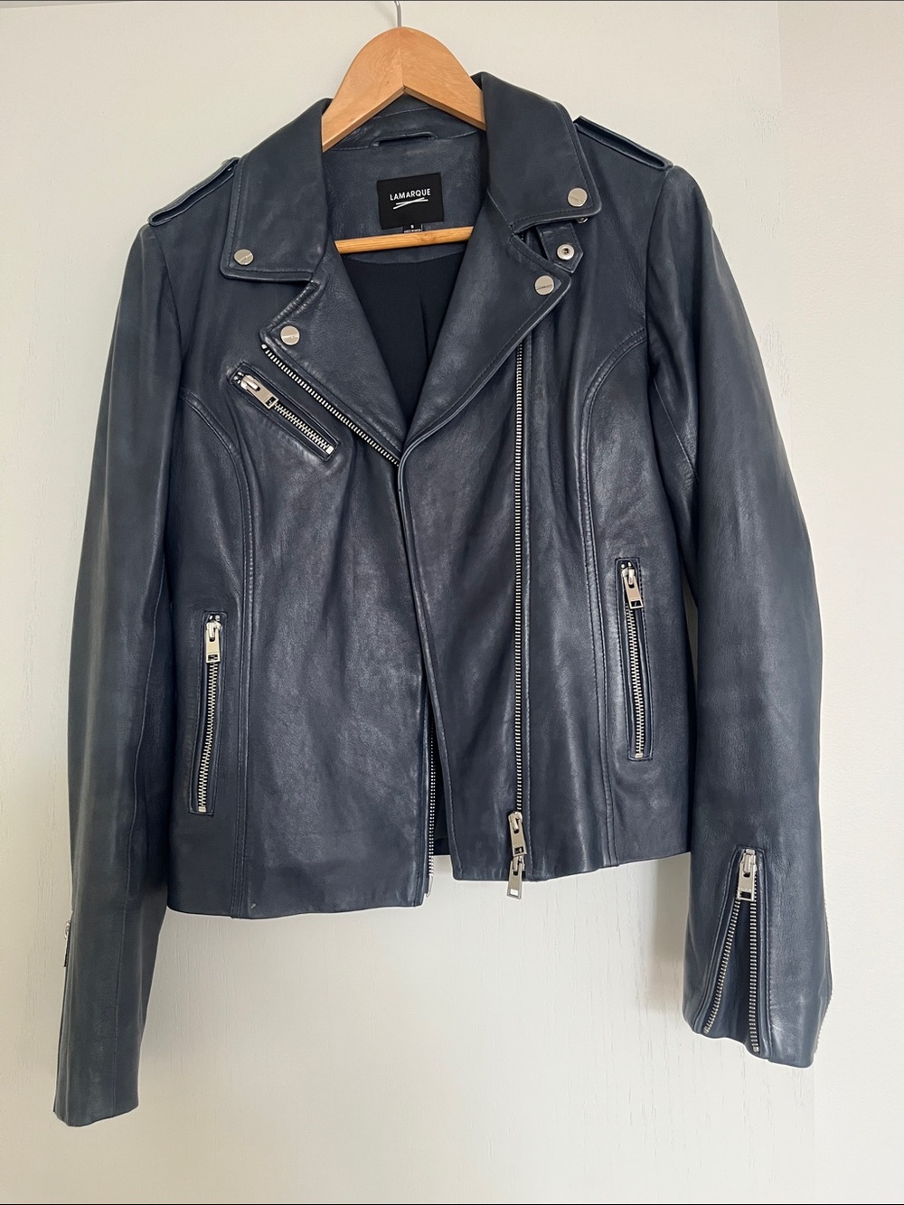 Lamarque navy blue Leather Moto Jacket with Silver Hardware